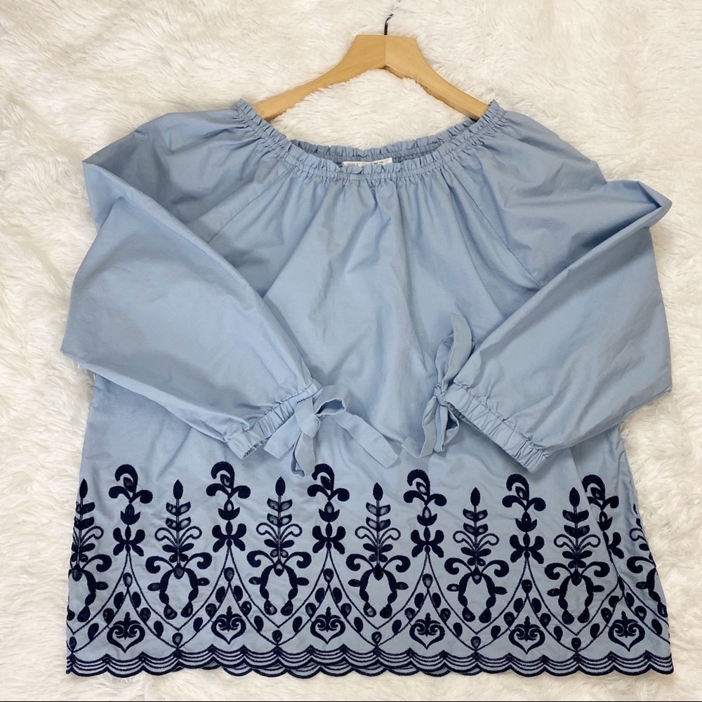 Time & Tru Chambray Embroidered Tie Sleeve Top L - Picture 2 of 9